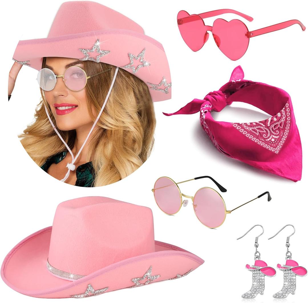 Cowgirl Outfits Star Cowboy Hat Sparkly Boots Earrings Bandana Sunglasses for Women Western Costume Accessories (Pink)