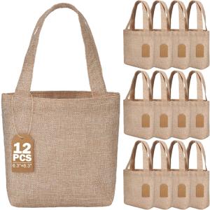 Aliceset 12 Pcs Mini Burlap Tote Bags with Handles Reusable Burlap Gift Bags with Tags Small Wedding Welcome Bridesmaids Jute Bag Bulk for Party Supplies DIY Craft (6.3 x 6.3 x 2.8 Inch,Light Brown)
