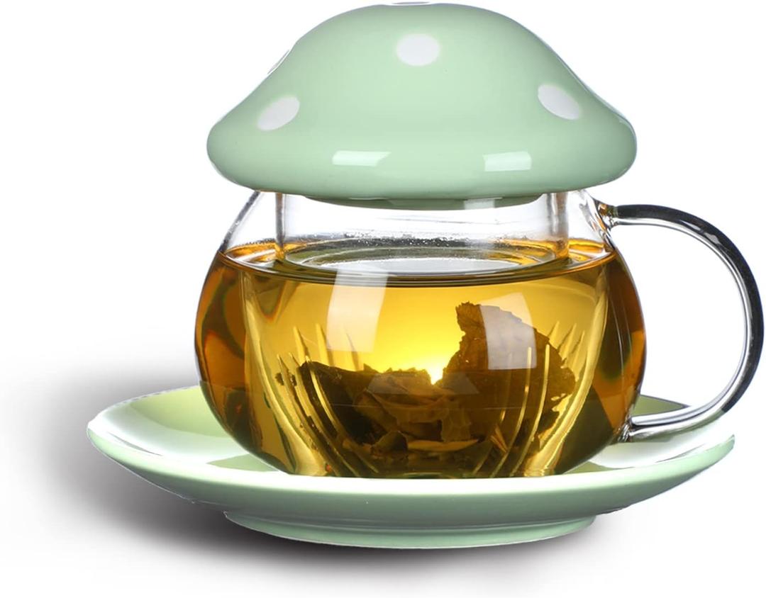Mushroom Cup Cute Glass Tea Cup with Infuser and Lid Kawaii Mushroom Mug Set Coffee Teapot with Ceramic Coasters 11oz (Green)