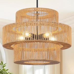 22" Boho Hand Woven Rattan Chandelier Light Fixtures, 5-Lights Farmhouse Pendant Light for Kitchen Island, 3 Round Large Wicker Chandeliers for Dining Room, Living Room, Bedroom, Hallway