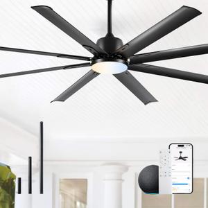 72 lnch lndustrial Smart Celing Fan with Light and Remote Control via WIFI Alexa,Large Celing Fan with 8 Black Aluminum Blades,6 Speed Noiseless DC Motor,Indoor Outdoor Ceiling Fans for Patio Garage