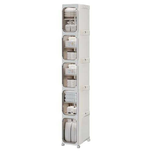 Lacusmall 5-Tier Tall Narrow Storage Cabinet with Transparent Doors and Shelves,Plastic Slim Bathroom Organizer, Foldable Storage Cabinet for Small Space, Bathroom, Kitchen