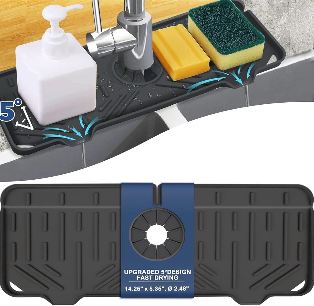 Silicone Faucet Handle Drip Catcher Tray Mat, Silicone Faucet Mat, Dish Soap Sponge Holder for Kitchen Sink Accessories, Drying Mat for Kitchen Counter & Bathroom Kitchen Sink Splash Guard (Black) (Black(1Pack): 14.25"x5.35")