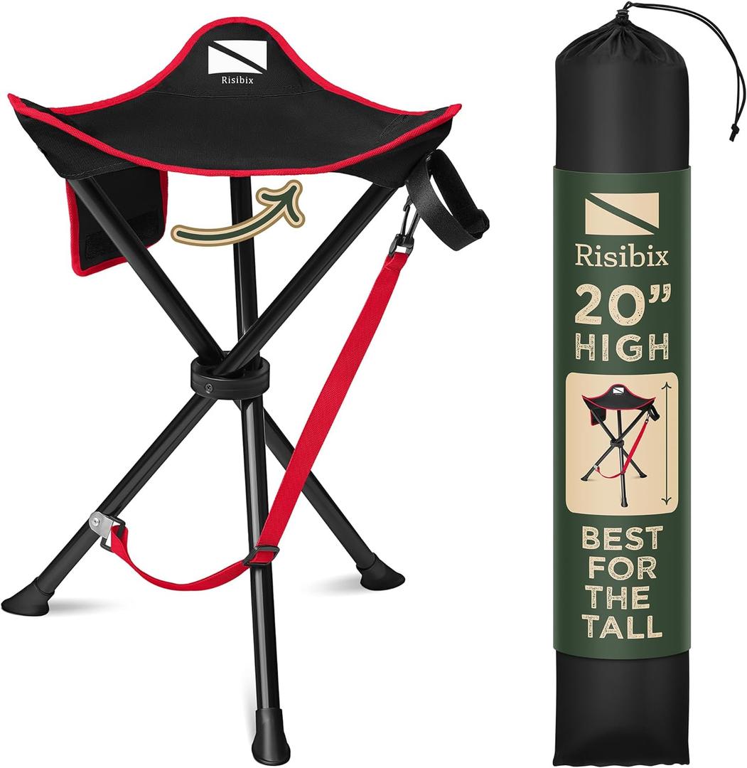 Foldable Tripod Stool - Ultra Portable Seat for Tall People, 20 High - Hunting Chair & Hidden Zippered Pocket - 2 lb Camping Stool, 3 Legged Strong Steel Stool Holds up to 200 lb (Black/Red)