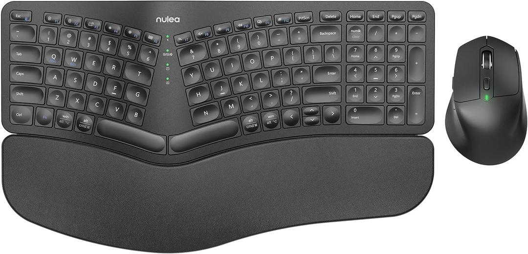 Nulea KM75 Advanced Ergonomic Wireless Keyboard and Mouse Combo, Comfortable Natural Typing, Palm Rest, Multi-Device (Bluetooth, 2.4G, Wired), Rechargeable, for Multi-OS, Windows, Mac, Android(Black) (A-Black)