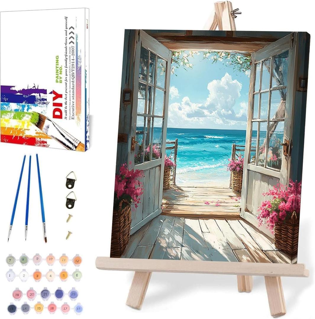 DIY Scenery Paint by Numbers Kit for Adults with Framed Canvas,Landscape Beach Digital Oil Painting Kit for Beginners,Acrylic Paint by Number Kits with Wooden Easel for Holiday Gifts 12X16 Inch