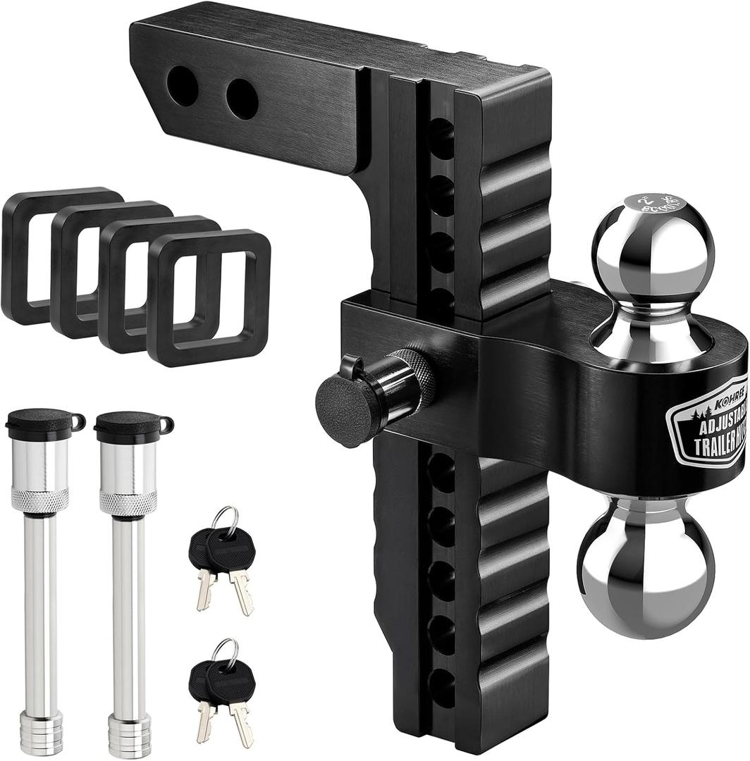 Kohree Adjustable Trailer Hitch Fit 2 Inch Receiver, Dual Solid Ball 2" and 2-5/16"(12,500 LBS GTW), 10" Drop & Rise Heavy Duty Aluminum Tow Hitch with 4 Silencer Pads & 2 Locking Hitch Pin, Black Kohree Adjustable Trailer Hitch Fit 2 Inch Receiver, Dual Solid Ball 2" and 2-5/16"(12,500 LBS GTW), 10" Drop & Rise Heavy Duty Aluminum Tow Hitch with 4 Silencer Pads & 2 Locking Hitch Pin, Black