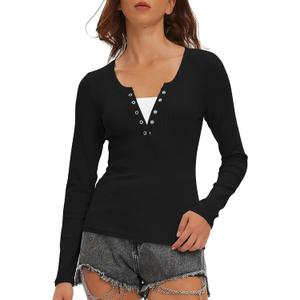 Beaully Women's Long Sleeve Henley Tops Ribbed Knit Slim Fitted Trendy T Shirt Basic Tees Layer 2026 Spring Fashion Outfits (Black, M)