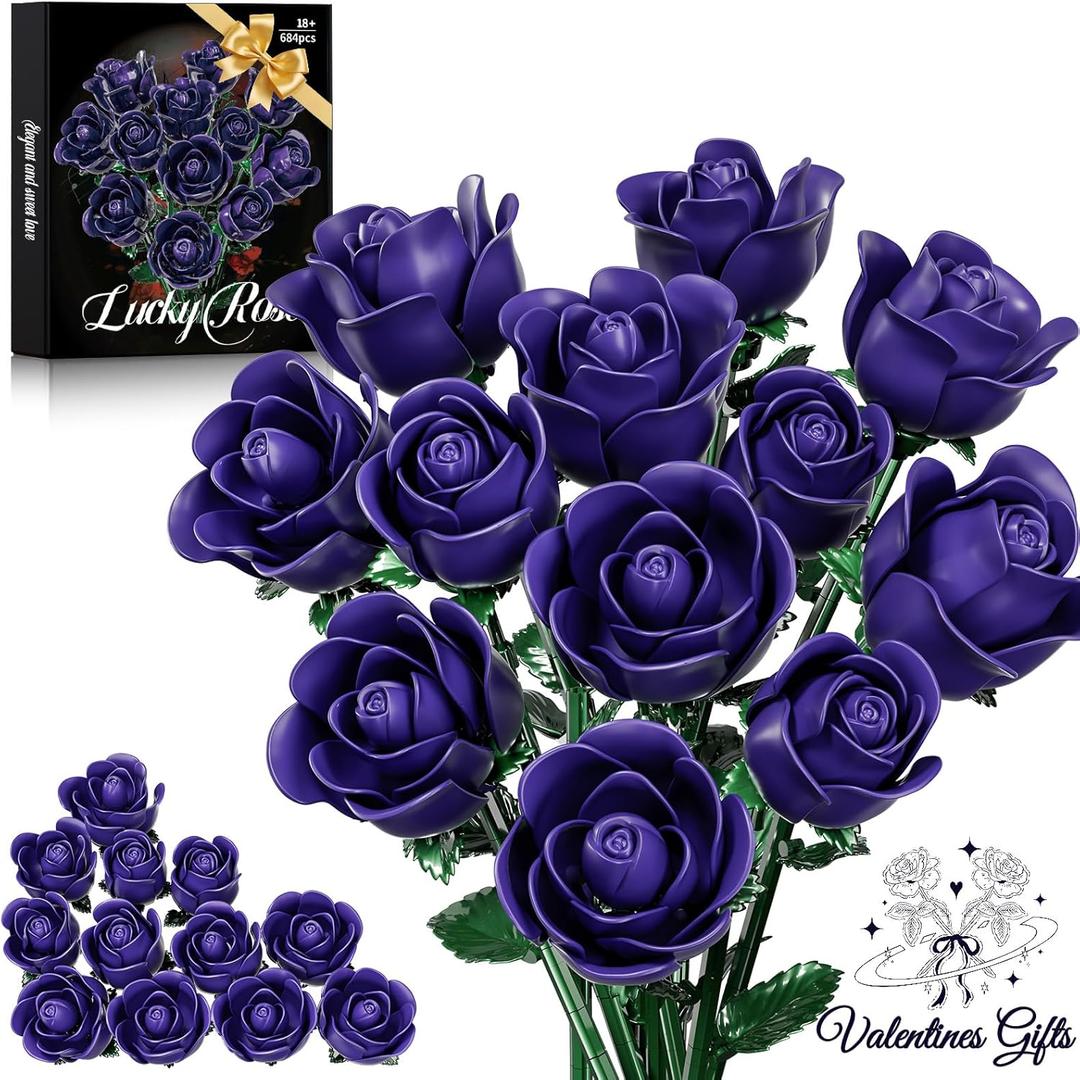 Purple Rose Bouquet Building Set for Girls & Boys - 12 Pack Botanical Collection Gift for Easter Basket Artificial Flowers Botanical Collection Centerpiece Retro Decor