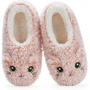 Cozylook Cute Animal House Slippers - Fuzzy Warm Bedroom Slipper Socks Non-Slip Grippers with Funny Face Designs, Fun Christmas Gifts Unique (9-10, Pink Cat)