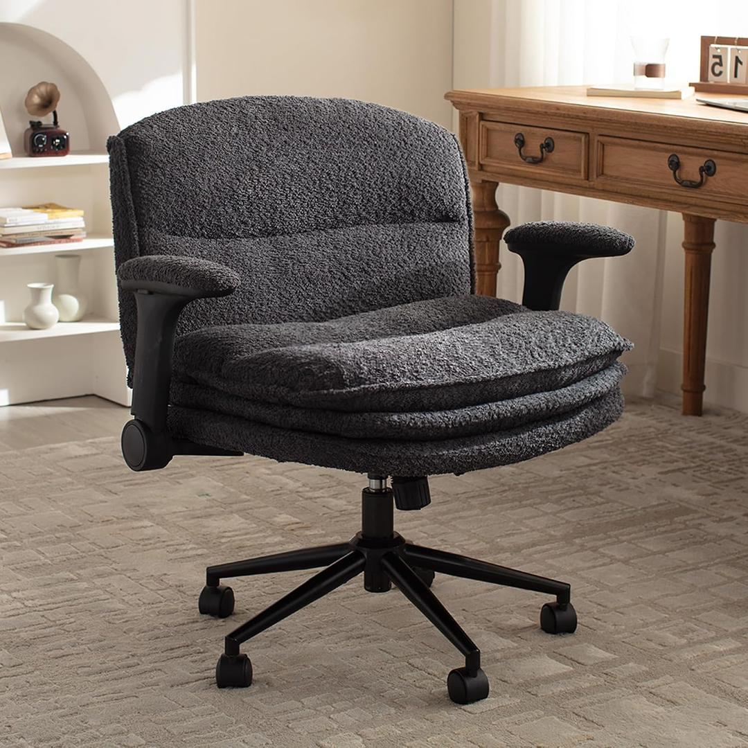 Dowinx Criss Cross Chair with Adjustable Flip-up Arms and Wheels, Comfort Ergonomic Office Desk Armchair with 3 Layer Cushions, Wide Seat Vanity Chair for Home Office, Living Room, Bedroom, Black, 33.07 inches x 26.77 inches x 35.83 inches