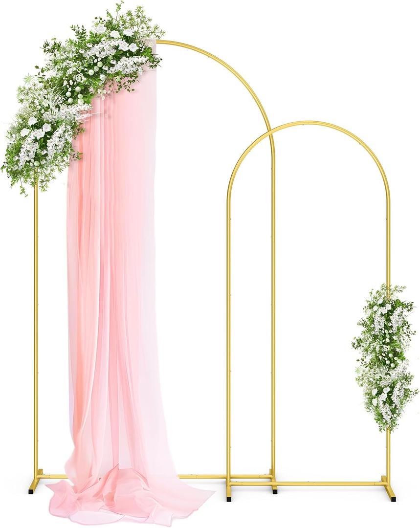 Pureegg Metal Arch Backdrop Stand Set - Set of 2 (7.2ft/6.0ft), Gold Wedding Stand with Stable Base, Elegant Backdrop Cover for Party, Birthday, Baby Shower, Graduation, Easy to Assemble