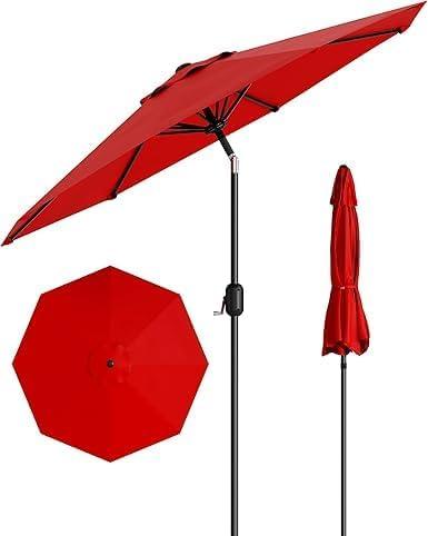 IDEALHOUSE 9Ft Outdoor Patio Umbrella, 8 Sturdy Ribs Table Umbrella With Crank Lift & Push Button Tilt, Market Umbrella UV Protection Waterproof for Garden, Deck, Backyard, Pool (Red)