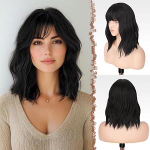 FESHFEN Shoulder Length Wigs with Bangs - Black Brown Natural Looking Wavy Medium Length Synthetic Hair Bob Wig for Women Daily Party Use, 14 inch
