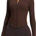 Women BBL Jacket Full Zip UP Workout Athletic Cropped Jacket wIth Thumb Holes Running Yoga Sportswear (Large, Roasted Brown)