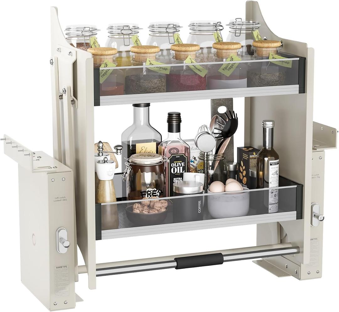 Pull Down Shelf for Kitchen Upper Cabinet,Heavy Duty Pull Down Cabinet Organizer, 2 Tier Upper Cabinet Pull Down Spice Racks for Tall Kitchen, 26-28inch Width, White, M -Cabinet Size
