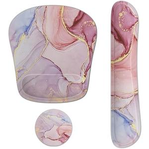 Wrist Rest Support Ergonomic Gel Mouse Pad & Memory Foam Keyboard Set Non-Slip Rubber PU Base Easy Typing and Relieve Wrist Pain Mouse Mat for Computer Office - Pink Marble