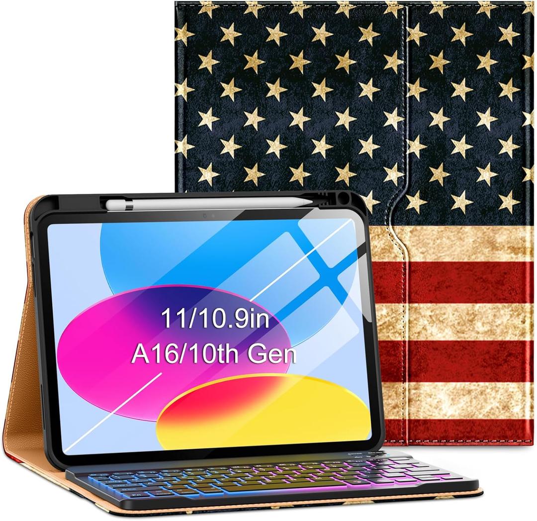 VIKESI Keyboard Case for iPad (A16,2025) 11th Generation/iPad 10th Generation Case (10.9" 2022),Premium Leather Smart Cover,Built-in Breathing Light,Function Row,Pencil Holder,Card Slots - US Flag