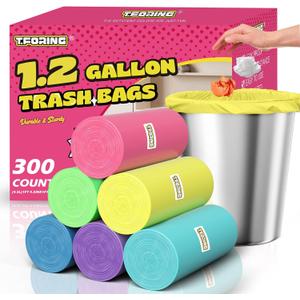 300 Count 1.2 Gallon Trash Bags - 4.5 Liter Colored Small Garbage Bags Unscented Mini Can Liners Leakproof & Tear Resistant for Bathroom, Office, Home