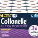 Cottonelle Ultra Comfort Toilet Paper with Cushiony CleaningRipples Texture, Strong Bath Tissue, 24 Family Mega Rolls (24 Family Mega Rolls = 108 Regular Rolls) (4 Packs of 6), 296 Sheets per Roll