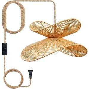 19.7" Wide Bohemian Farmhouse Rattan Chandelier - Plug-in Double Layer Lighting Fixture with Switch, Handwoven Natural Fiber for Kitchen Island, Dining & Living Room, 1 Pc-19.7"-Plug in with switch