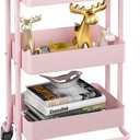 MIOCASA 3-Tier Metal Utility Rolling Cart, Heavy Duty Multifunction Cart with Lockable Casters, Easy to Assemble, Suitable for Office, Bathroom, Kitchen, Garden (Pink) (Metal&Pink)