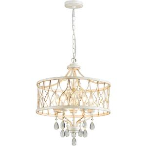 Modern Crystal Chandelier, 5-Light Farmhouse White Chandelier for Dining Room Vintage Hanging Pendant Light Fixtures Round Chandelier for Kitchen Island Entryway Foyer Bedroom Office Bar