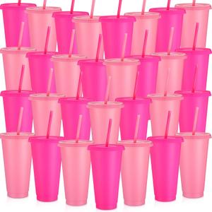 Honeydak 30 Pack Tumbler with Straw and Lid Bulk Cups for Gifts Water Bottle Iced Coffee Travel Mug Cup Reusable Plastic Tumblers for Party Birthdays 24-27 oz (Pink and Rose Red Color)