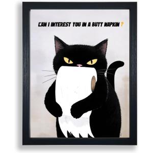 Sorbrozo Funny Black Cat Bathroom Wall Art Print Butt Napkin Quote Black and White Frame Humorous Home Decor 11x14in