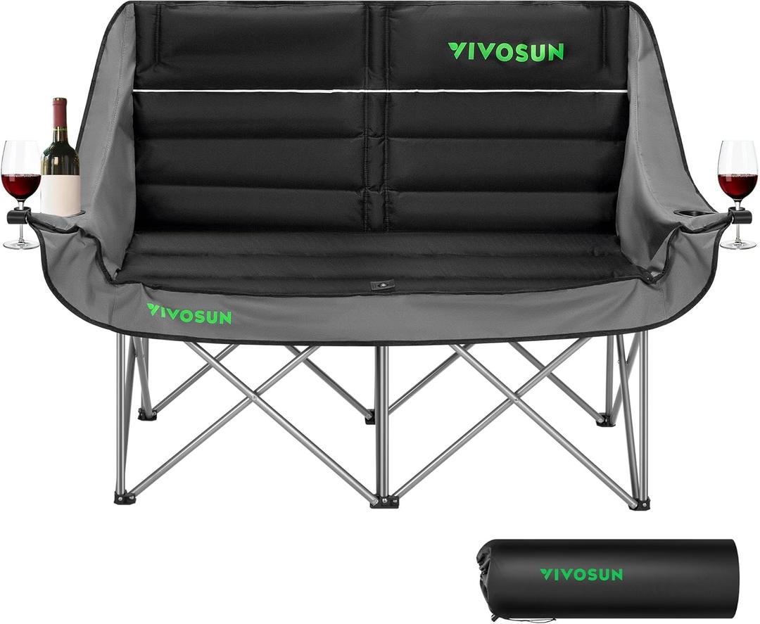 VIVOSUN Double Camping Chair, Fully Padded Folding Loveseat, Oversized Duo Chair with Cup & Wine Glass Holders, Pocket, Armrests & Carry Bag (Black)