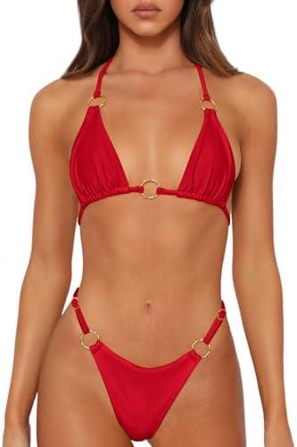 MIKETAI Sexy Bikinis for Women 2 Piece Bikini Spaghetti Strap Swimsuits Solid Color Bathing Swimwear Triangle Bathing Suit, S, Red