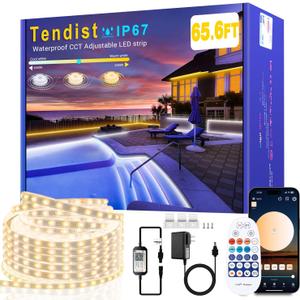 65.6FT Outdoor LED Strip Lights Waterproof IP67, Dimmable 3000K-6500K Warm White LED Rope Lights Outdoor Waterproof with Remote & APP, 24v Adhesive Exterior Lighting for Patio, Deck, Gazebo