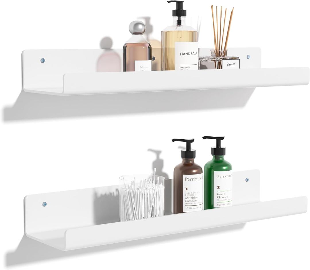 upsimples 2 Pack Acrylic Shelves for Wall Storage, 15" Floating Bookshelves for Kids, Display Shelf Organizer for Bathroom, Bedroom, Living Room Decor, Kitchen, White
