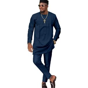 African Church Suits for Men Dashiki Shirt Pant Two Piece Outfits Casual Attire Nigerian Clothes (Blue, M)