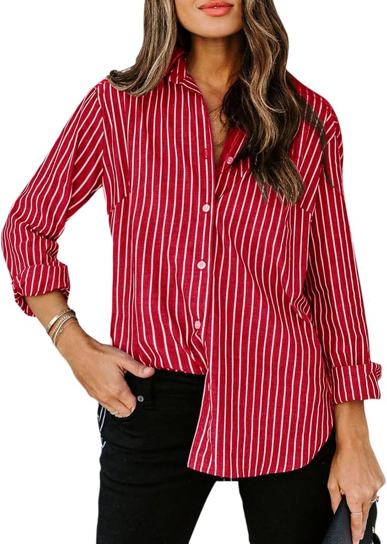 siliteelon Womens Button Down Shirts Cotton Striped Dress Shirt Long Sleeve Collared Office Work Blouses Tops (Red, L)