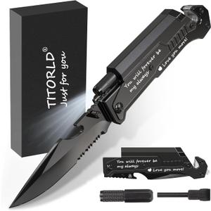 Titorld Gifts for Men Dad Fathers Day, Anniversary Birthday Gifts for Him Boyfriend Husband, Engraved Pocket Knife, Camping Hunting Multitool Knife Present, 7 in 1 Folding Knives with LED Light (3-Him-Black-Gift box)