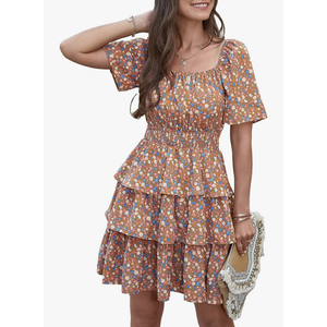 PRETTYGARDEN Women's 2026 Floral Summer Short Dress Square Neck Short Sleeve Tiered Ruffle Boho Swing Dresses XL