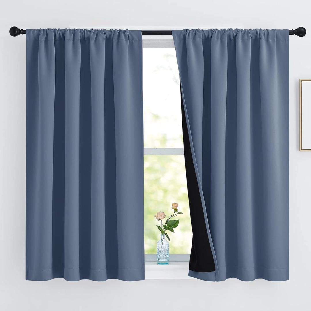 NICETOWN 100% Blackout Curtains with Black Liners, Thermal Insulated 2-Layer Lined Drapes, Room Warming Small Window Draperies for Dining Room (Stone Blue, 2 Panels, 46 inches W by 54 inches L)