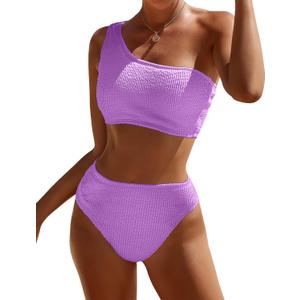 Bikini Sets for Women High Waisted 2 Piece Bestselling Swimsuit Ribbed One Shoulder Tummy Control Bathing Suit 2025 (X-Large, Purple)