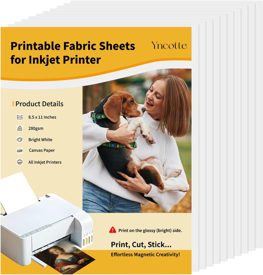 Yncotte 15Pcs Canvas Printer Paper for Inkjet Printers, 8.5x11 Inch Bright White 280gsm Printable Fabric Sheets Tear-Resistant, Print with Glossy Side for Photo Art Sketch Printing