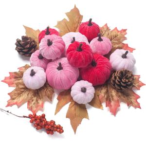 21 PCS Pink Pumpkins Set for Thanksgiving Decor, 3 Sizes Fake Velvet Pumpkin Mini Foam Pumpkin for Thanksgiving Farmhouse Fall Harvest Decorations Halloween Party Autumn Table Centerpiece