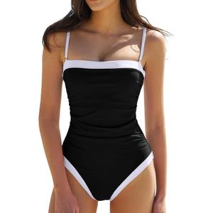 QINSEN Women's One Piece Swimsuit Color Block Tummy Control Bathing Suit Vintage Square Neck Spaghetti Straps Swimwear, XL