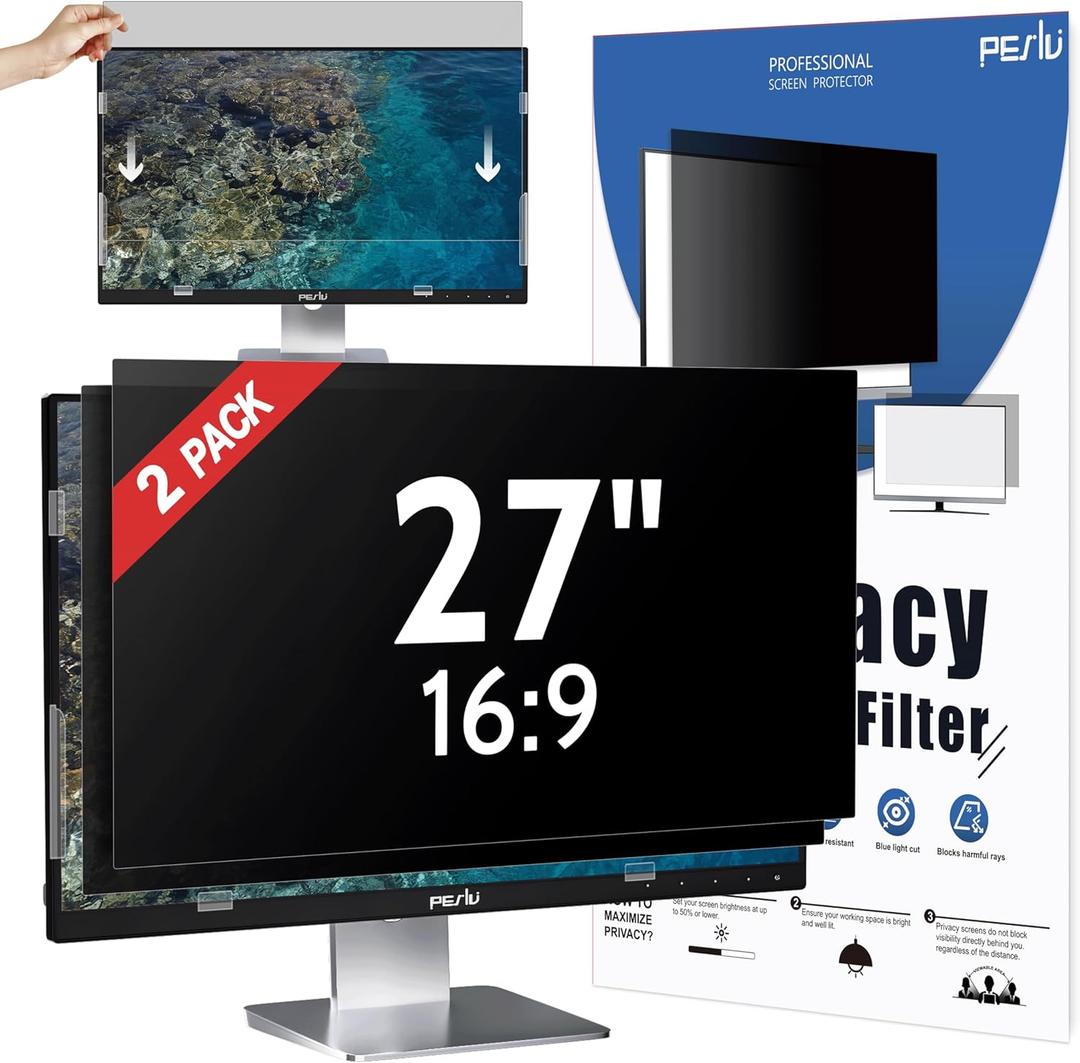 Peslv [2-Pack] 27 Inch Privacy Screen for Computer Monitor 16:9 Aspect Ratio, Eye Protection Anti Blue Light Glare Shield, 27inch Removable Black Blackout Anti Spy Desktop Security Private Filter