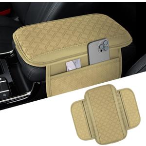 Car Center Console Cover, 12"×7.87" Leather Arm Rest Cover for Car, Comfortable Armrest Seat Box Cushion with Pocket, Armrest Cover Protector Universal Car Interior Accessories (Beige)