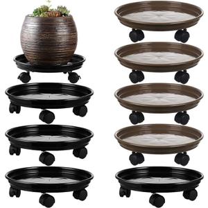 8 Packs Plastic Plant Caddy with Wheels Black and Brown