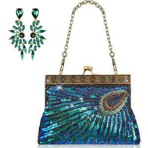 Peacock Purses Peacock Earrings Peacock Clutch Bags Dangle Earrings Women's Evening Handbags for Parties Wedding (Green)