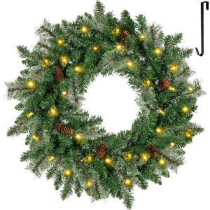 24" Pre-lit Christmas Wreath for Front Door, Timer Outdoor Wreath for Windows with Pine Needles, Pine Cones & Hanging Hooks, Battery Operated Artificial Wreath Decorations Indoors