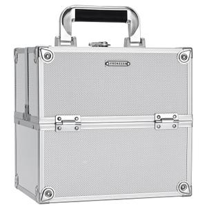 FRENESSA Makeup Train Case Makeup Organizer Box Portable Cosmetic Travel Case with Lock 4 Trays Aluminum Hard Vanity Box Make Up Artist Nail Beauty Storage Organizer Cosmetic Suitcase Bright Silver (Medium Silver)