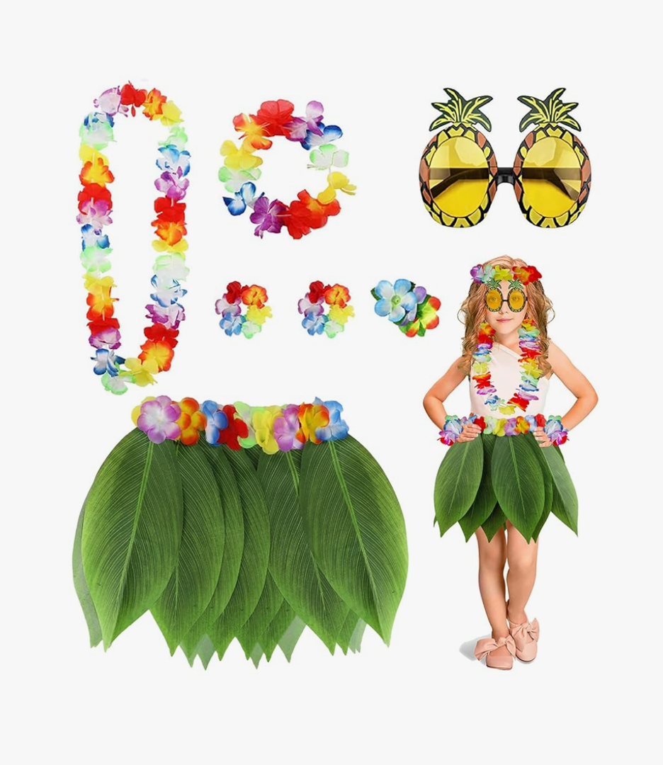 PHOGARY 7 Pack Hawaiian Flower Leaf Hula Skirt Costume Accessory Kit for Hawaii Luau Party