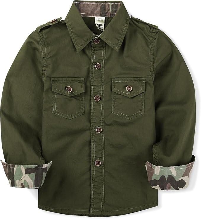 OCHENTA Boys Button Down Shirt Long Sleeve Casual Military Scout Spring Fall Clothes